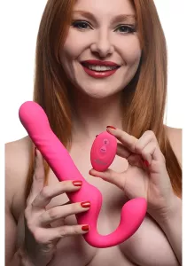 Strap U Mighty-Thrust Thrusting & Vibrating Strapless Strap-On with Remote Pink SHOTS TOYS