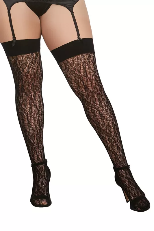 Leopard Fishnet Thigh High Dmd OSQ Black SCALA